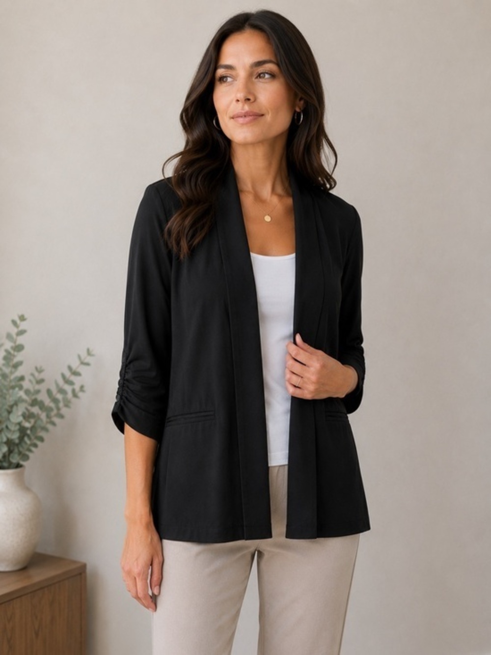 Chico’s Black Open Front Lightweight Blazer Ruched Sleeve Cardigan Jacket Size 2